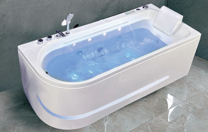 Baignoire balnéo d'angle en acrylique blanc avec cascade et éclairage LED