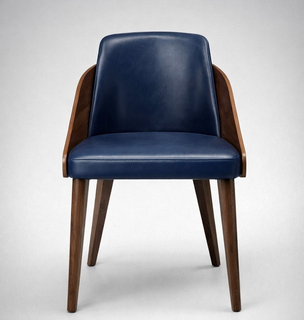 Fauteuil de salle à manger en bois courbé et simili-cuir bleu marine – Curva