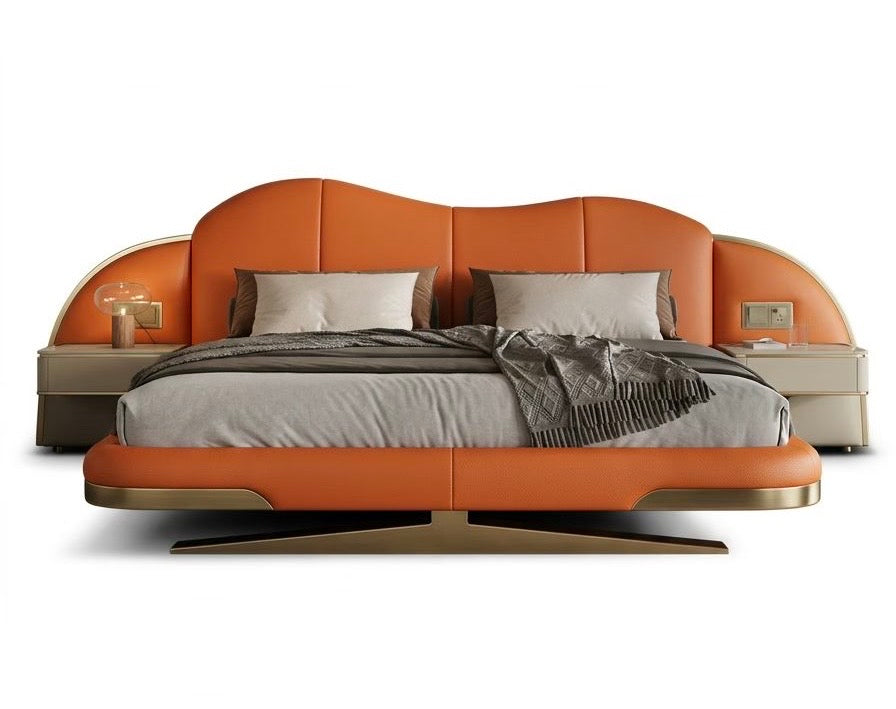 Lit design en cuir orange à chevets intégrés – Royal Curve Edition