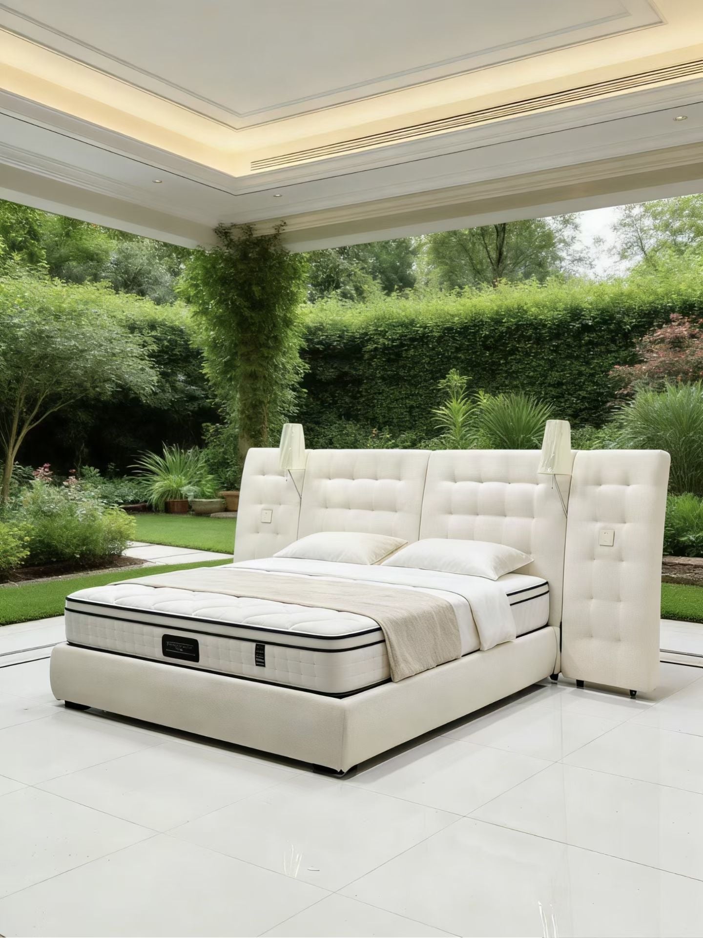 Lit capitonné en tissu bouclé avec liseuses et prises intégrées – Urban Prestige