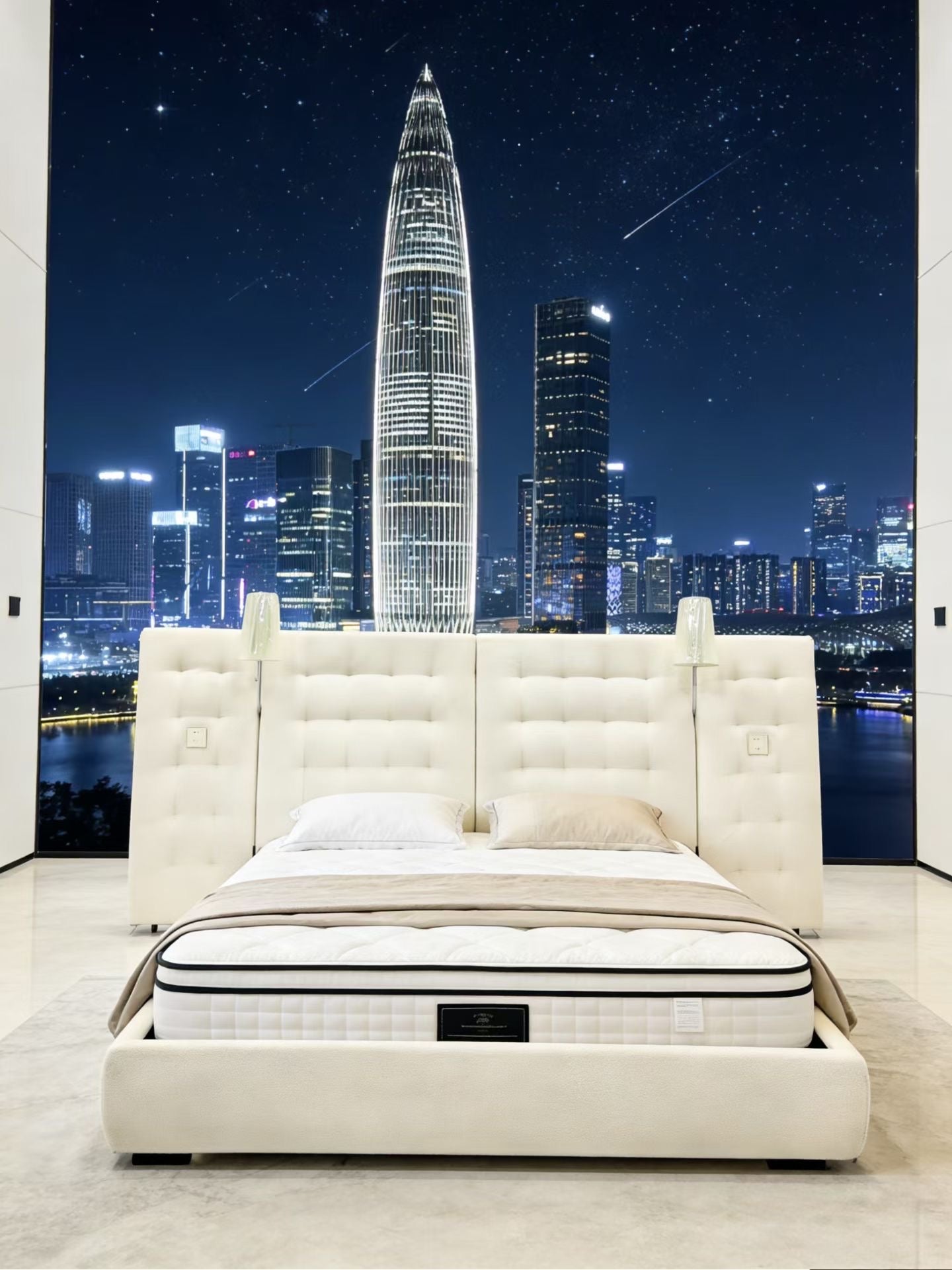Lit capitonné en tissu bouclé avec liseuses et prises intégrées – Urban Prestige