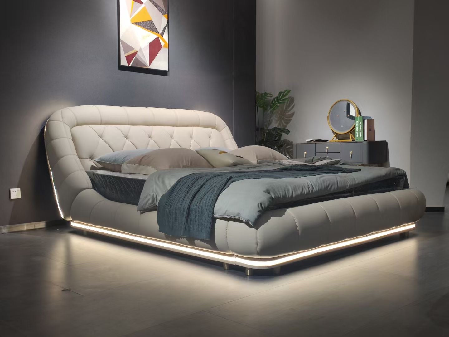 Lit capitonné en cuir synthétique avec éclairage LED intégré – Aura Light