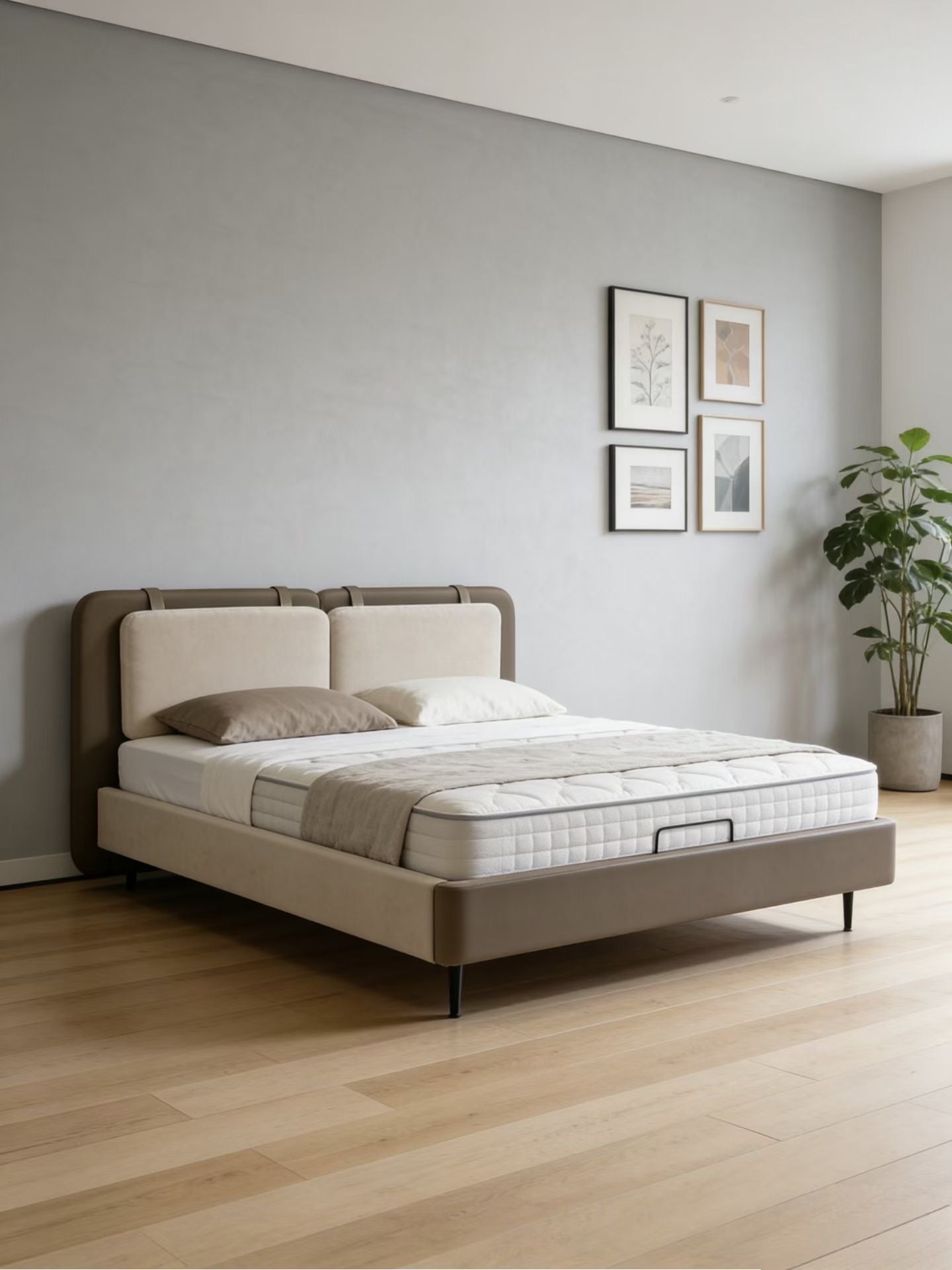 Lit tapissé en velours bicolore taupe et beige – Nordic Duo