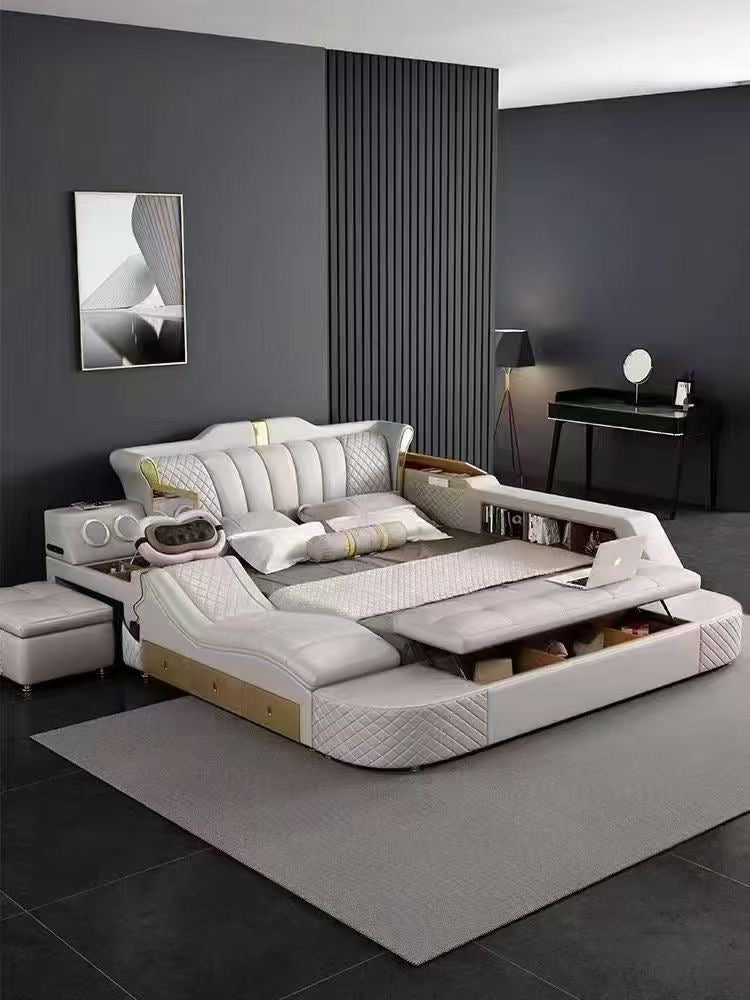 Lit multifonction capitonné en cuir synthétique blanc écru et finitions dorées – Smart Luxe