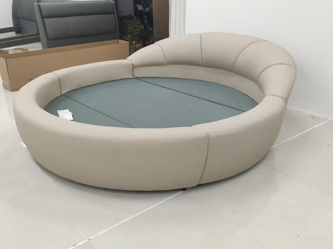 Lit rond en cuir végétal rose poudré à tête de lit ailes de papillon – Moon Love