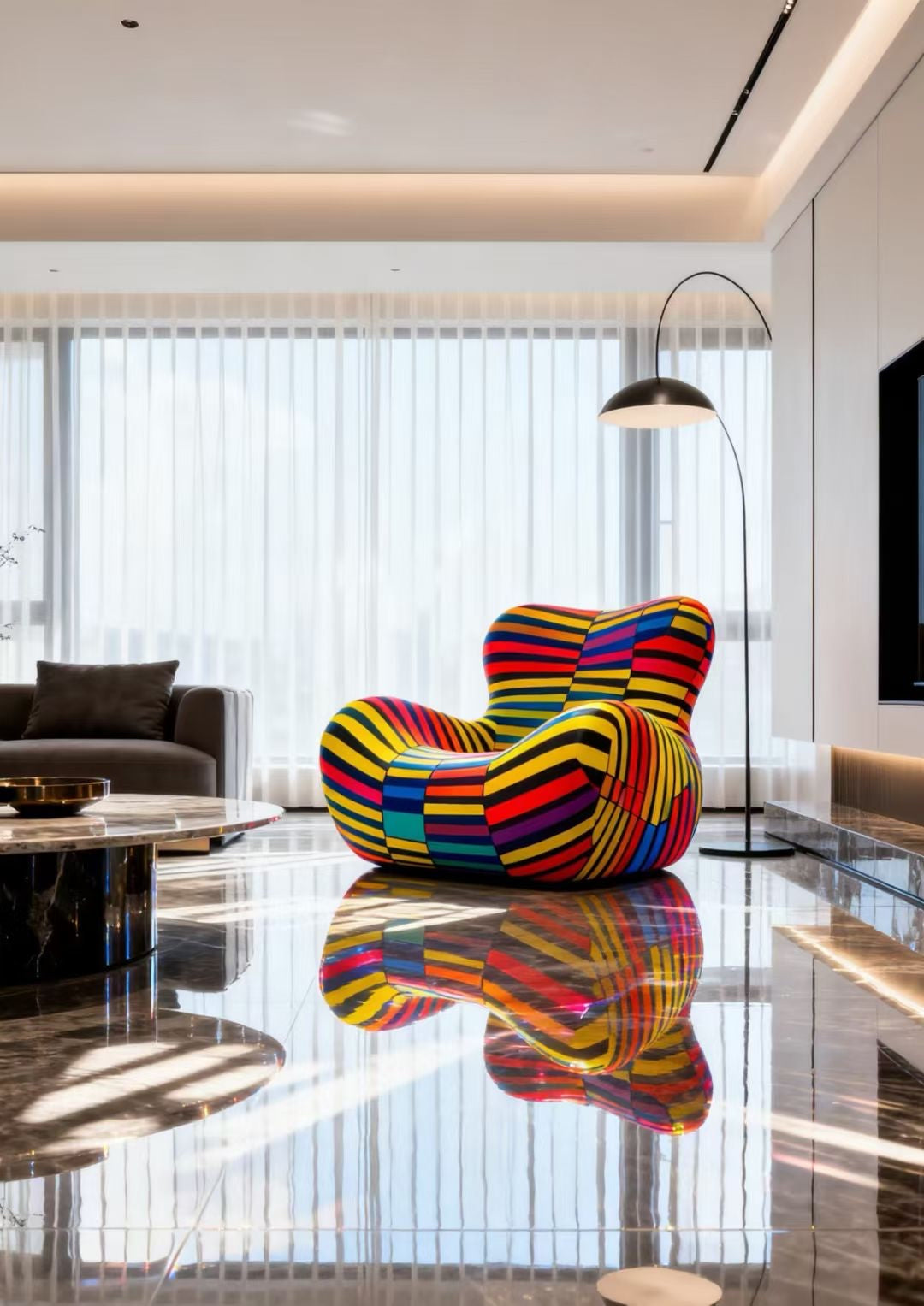 Fauteuil design sculptural en tissu rayé multicolore – Prismatic Icon
