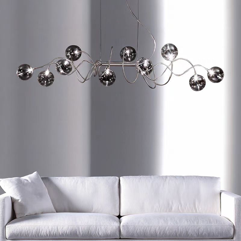 Suspension design en métal chromé et globes en verre fumé – Orbital Chrome Flow