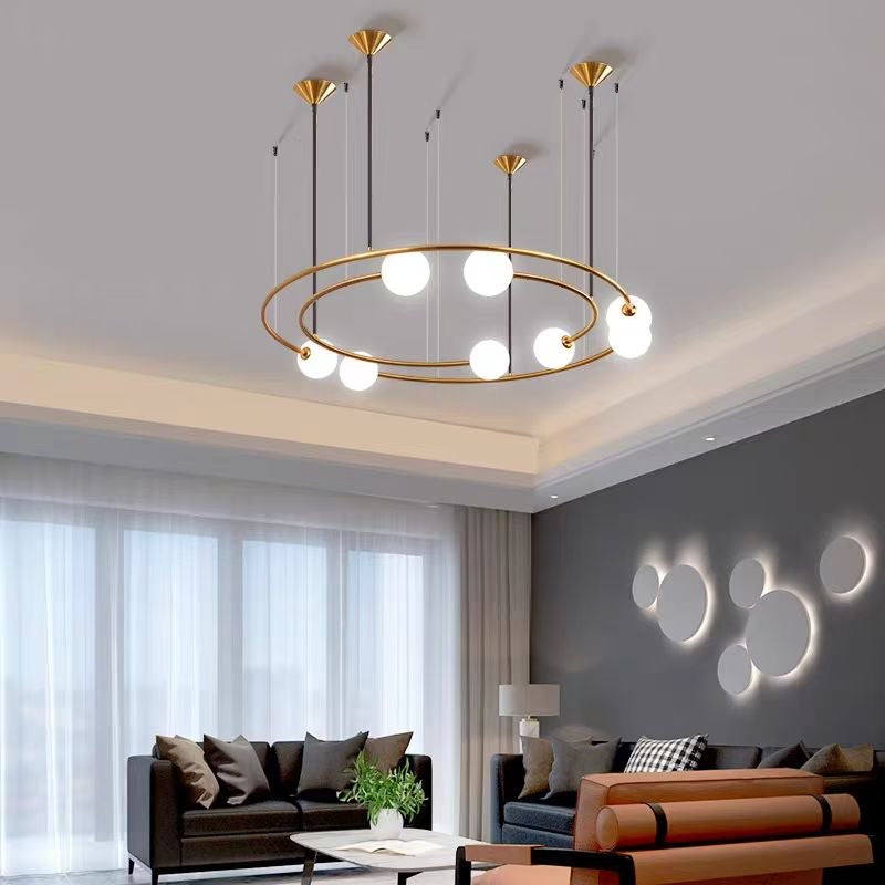 Suspension double anneau en métal noir mat et globes en verre opalin – Orbit Halo Globe