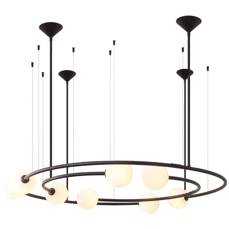 Suspension double anneau en métal noir mat et globes en verre opalin – Orbit Halo Globe