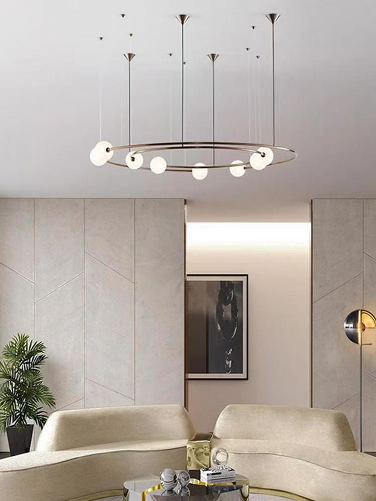 Suspension double anneau en métal noir mat et globes en verre opalin – Orbit Halo Globe