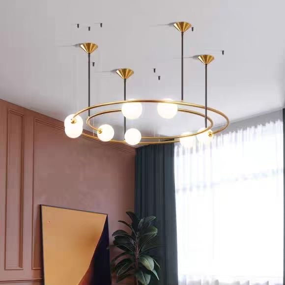 Suspension double anneau en métal noir mat et globes en verre opalin – Orbit Halo Globe