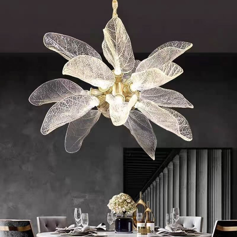 Suspension feuilles en verre nervuré doré – Leaf Crystal Bloom
