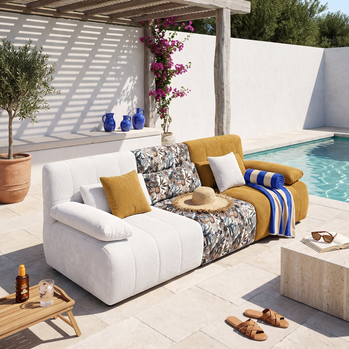 Canapé 3 Places Modulaire Multicolore et Tissu Texturé