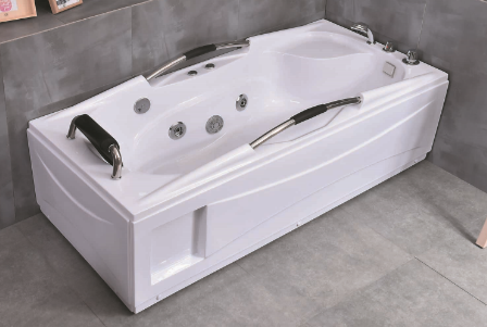 Baignoire balnéothérapie asymétrique en acrylique blanc avec appuie-têtes noirs – WA1040