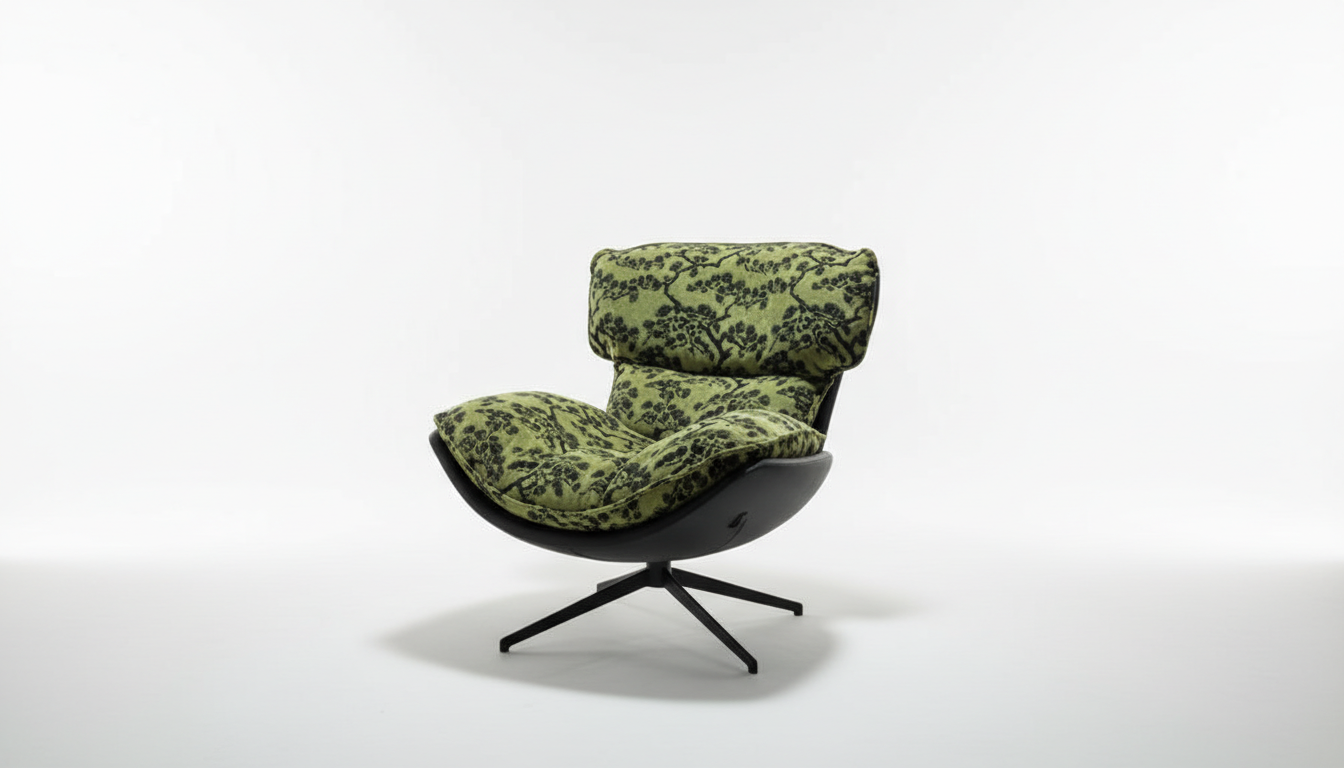 Fauteuil lounge coque en similicuir noir tressé et coussins velours jacquard motif jungle – Jungle Pop