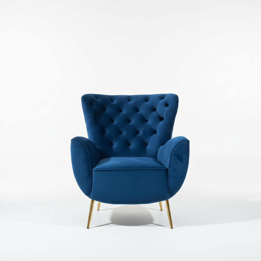 Fauteuil bergère en velours capitonné bleu roi - PRUSSE