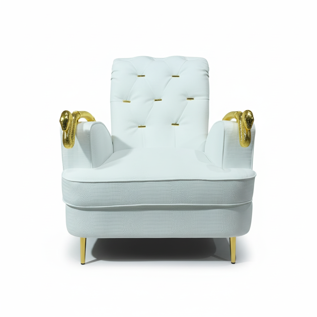 Fauteuil trône en simili cuir façon croco blanc à accoudoirs tête de bélier doré – MYTHO