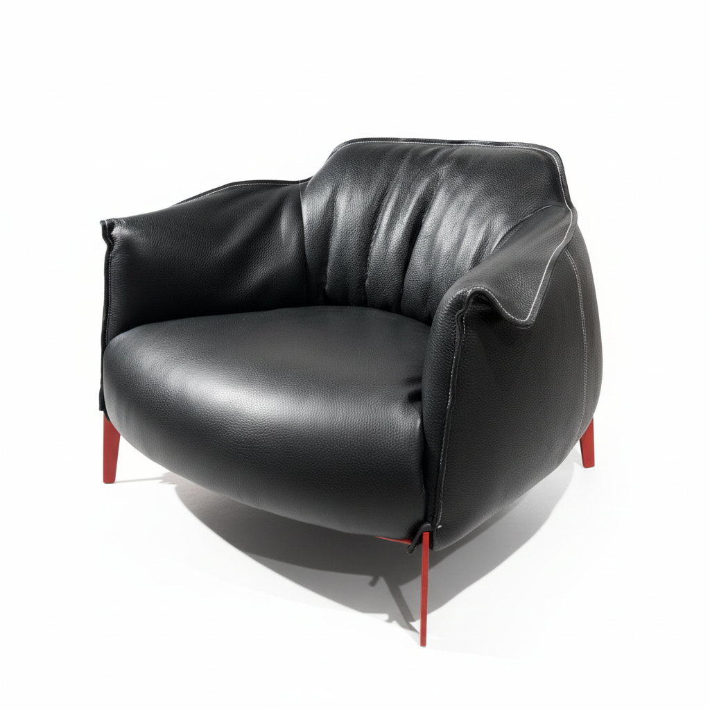 Fauteuil ARCHIBALD en cuir grainé noir à piètement acier laqué rouge
