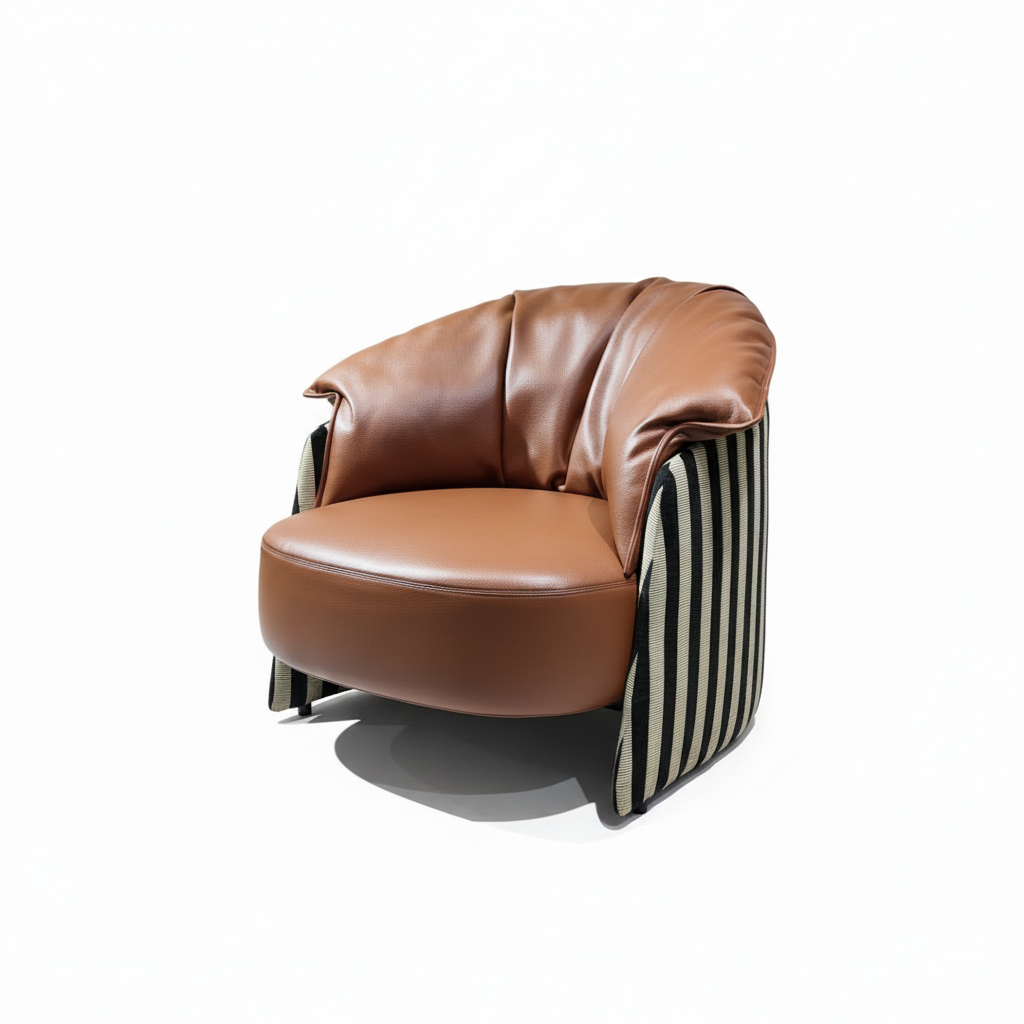 Fauteuil lounge en cuir cognac et tissu rayé noir et écru – Sculptural