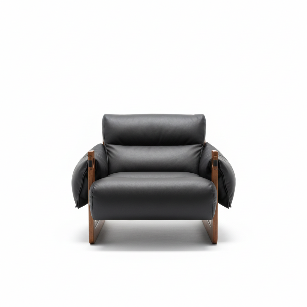 Fauteuil lounge en cuir noir et bois massif – JERSEY