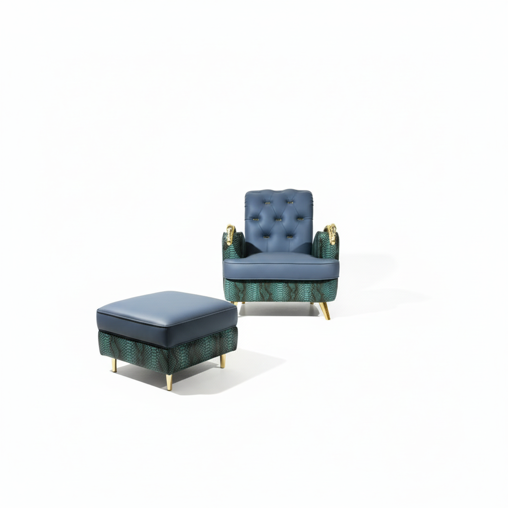 Fauteuil en cuir bleu paon et imprimé python – Serpent Royal