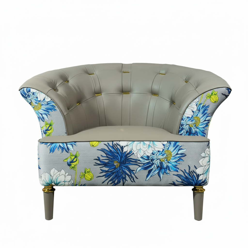 Fauteuil bergère capitonné en cuir et tissu fleuri – Floral Couture