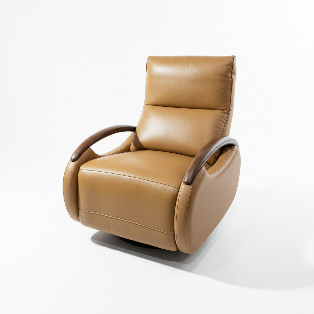 Fauteuil relax en cuir camel et accoudoirs bois courbé – Nutwood Relax