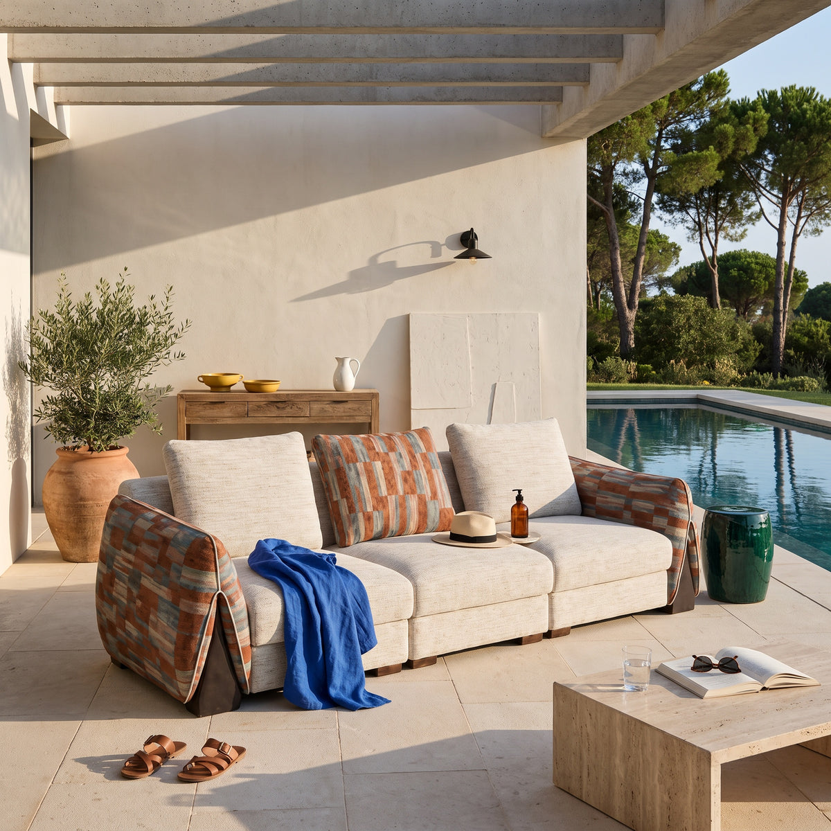 Canapé 3 Places Outdoor Contemporain Tissu Chiné et Motifs Géométriques - 9733