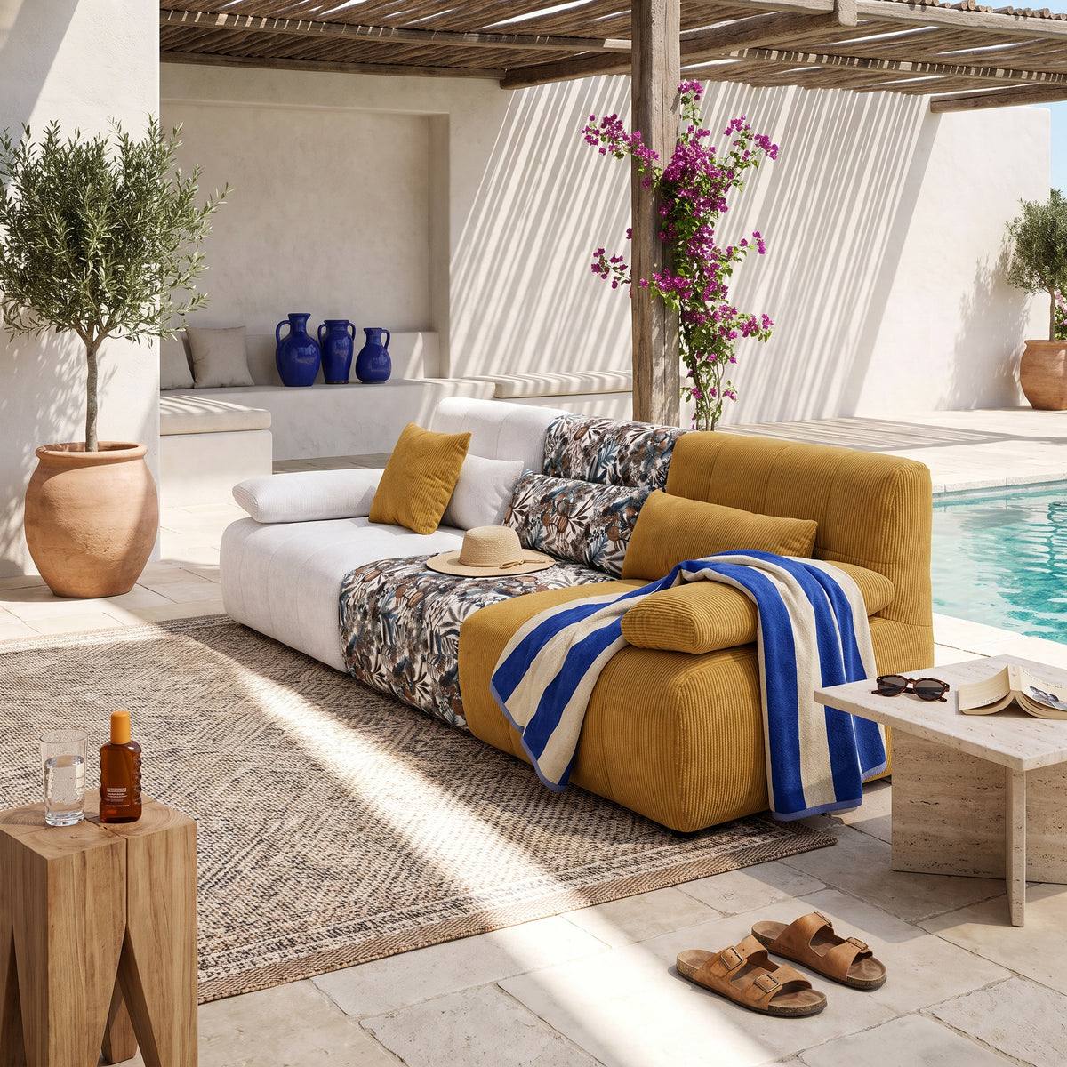 Canapé 3 Places Modulaire Multicolore et Tissu Texturé