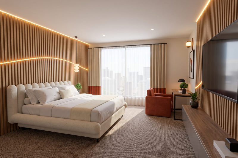 Photo réaliste d’une chambre meublée avec le lit Cloud Bubble, le fauteuil Terra, la suspension Luna Stack et l’applique Wood Orb Duo.