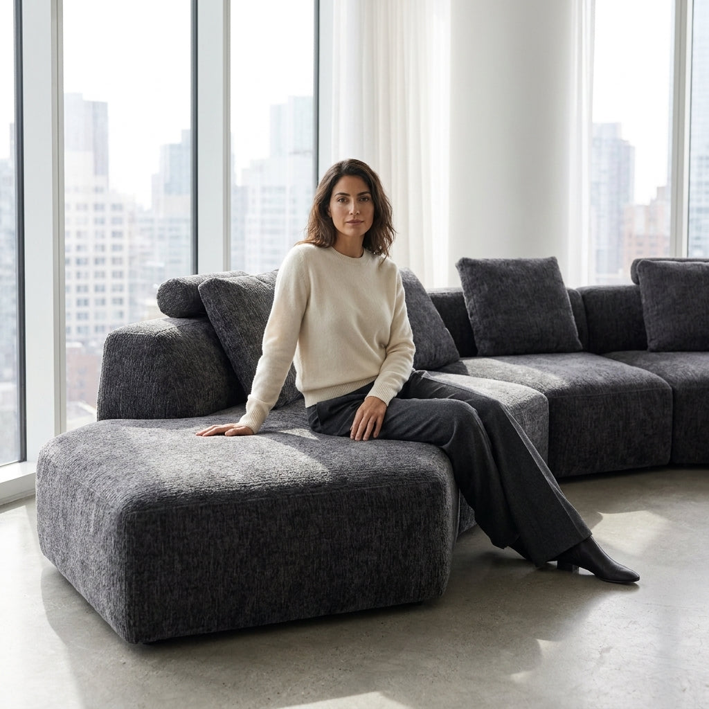 Canapé d'angle modulable en chenille gris anthracite – Dune