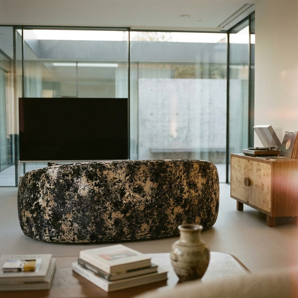 Canapé courbe en velours effet marbre noir et beige – Mineral Cloud