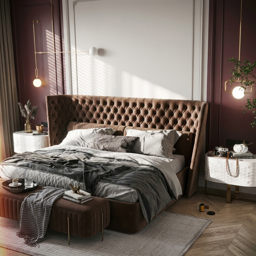 Lit capitonné Chesterfield en velours cognac à ailerons – Royal