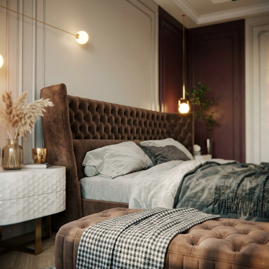 Lit capitonné Chesterfield en velours cognac à ailerons – Royal