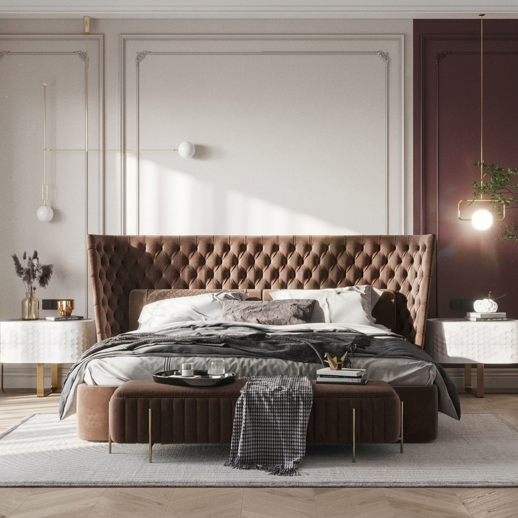 Lit capitonné Chesterfield en velours cognac à ailerons – Royal