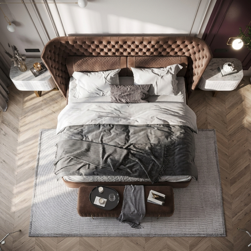 Lit capitonné Chesterfield en velours cognac à ailerons – Royal