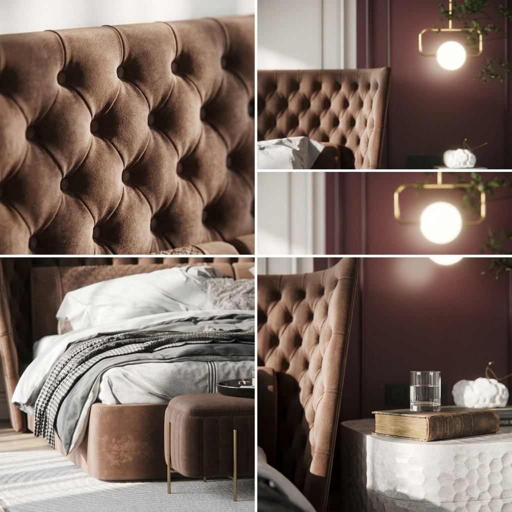 Lit capitonné Chesterfield en velours cognac à ailerons – Royal