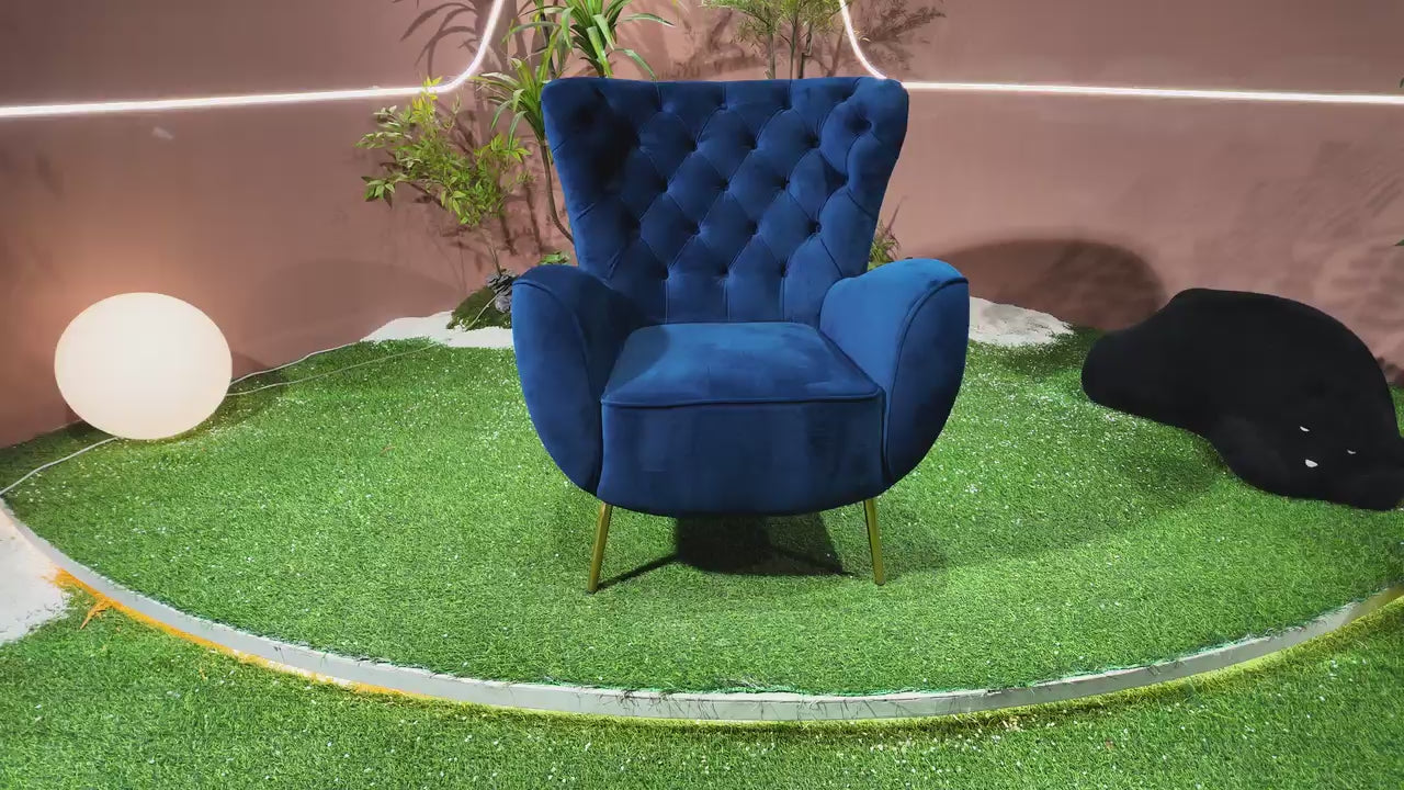 Fauteuil bergère en velours capitonné bleu roi - PRUSSE